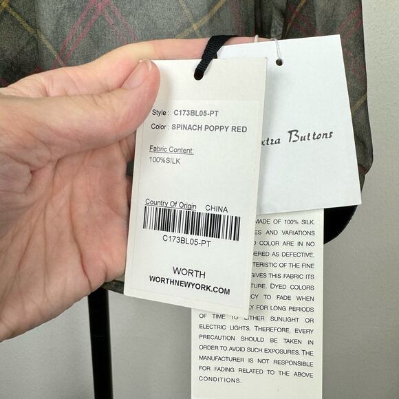 Worth New York | NWT Green Tartan Plaid 100% Silk Long Sleeve Button Down Blouse - Picture 10 of 14